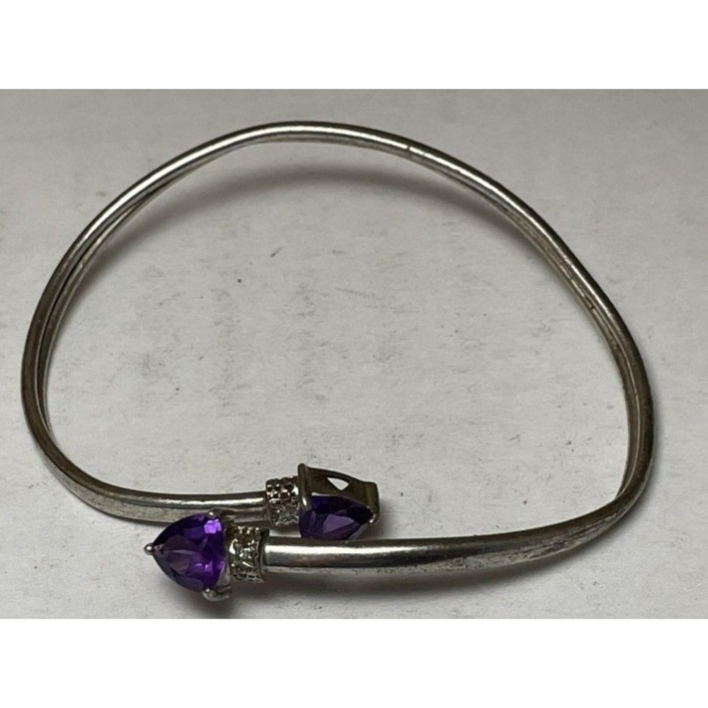 Sterling Silver Amethyst Trillion Bypass Bangle Bracelet 4.7g Purple Gemstone